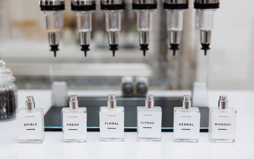 Six signature scent profiles ready for custom blending at the perfume bar.