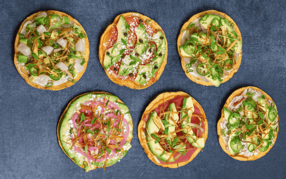 Assorted Tostadas: Spicy Snow Crab, Spicy Scallops, Spicy Hamachi, Salmon, Tuna, Avocado