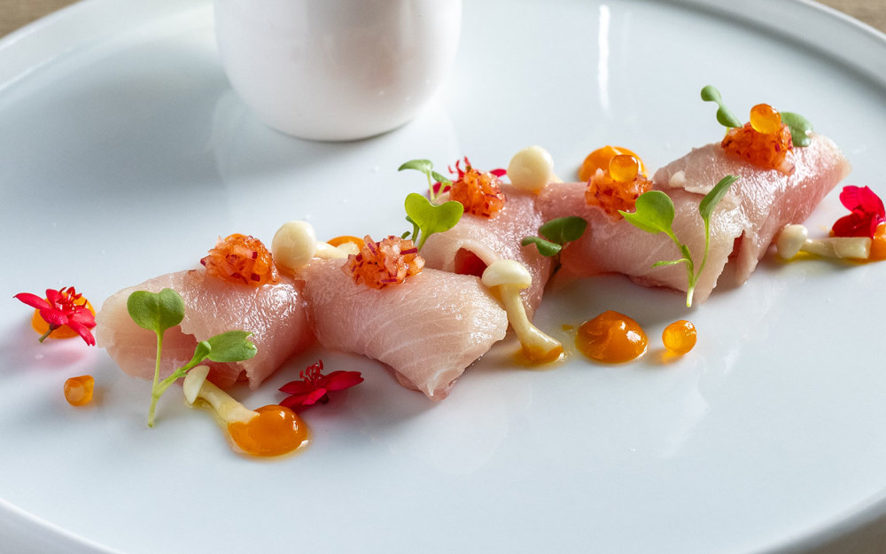 Hamachi, rocoto cucumber chalaca, bechee mushroom, sweet potatoe brûlée, ají amarillo, leche de tigre