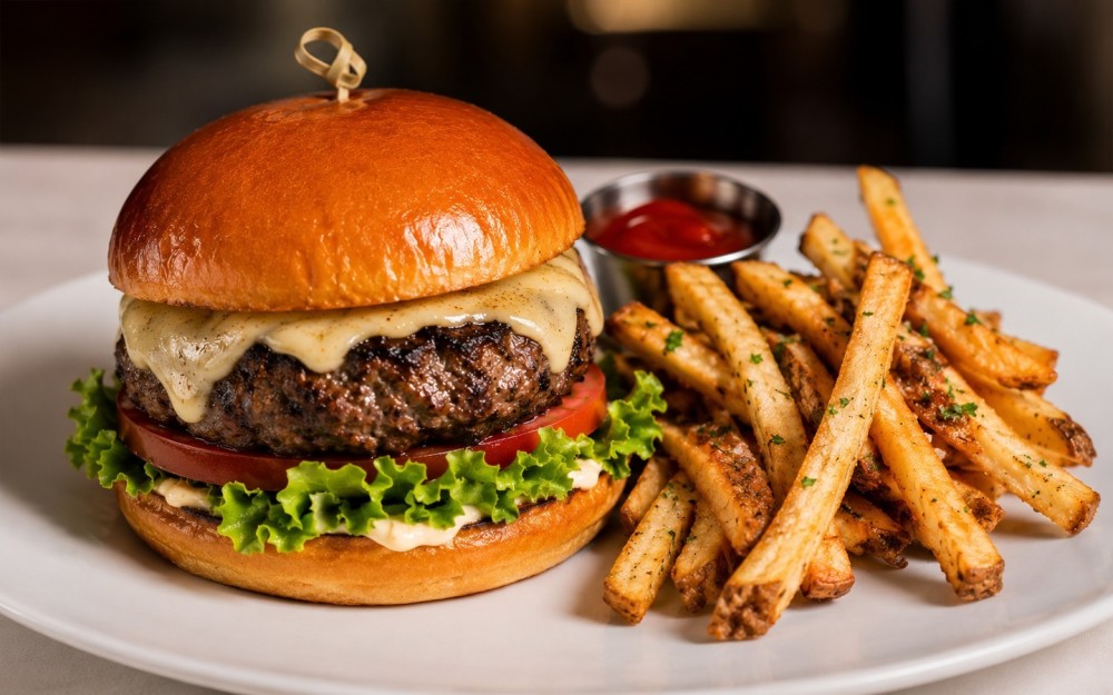 Hand Crafted fresh wagyu burger on a homemade Brioche Bun.  Served with a side of fresh hand cut fries.