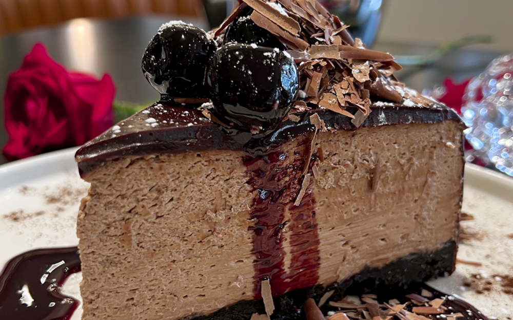 With Callebaut Belgian chocolate mousse, chocolate cookie crust, chocolate sauce, luxardo cherries, and chocolate shavings.