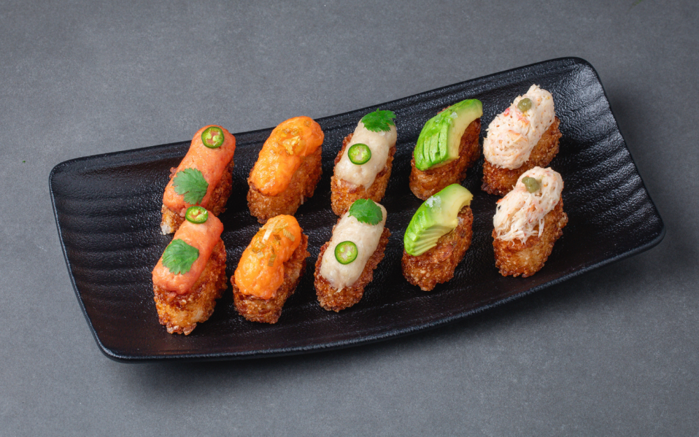 Assorted Crispy Rice - Belly Fish: Spicy Yellowfin Tuna, Spicy Faroe Islands Salmon, Spicy Japanese Hamachi, Avocado, Spicy Canadian Snow Crab