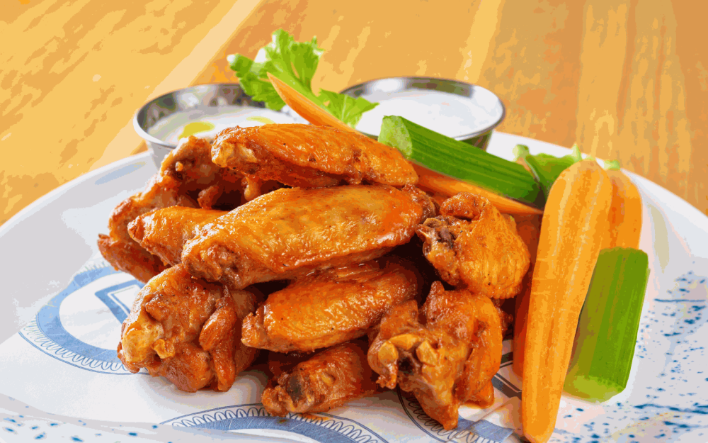 Perfectly pair with the Chicken Wings with your choice of buffalo or jerk barbeque, and a side of blue cheese ranch, carrots, and celery.