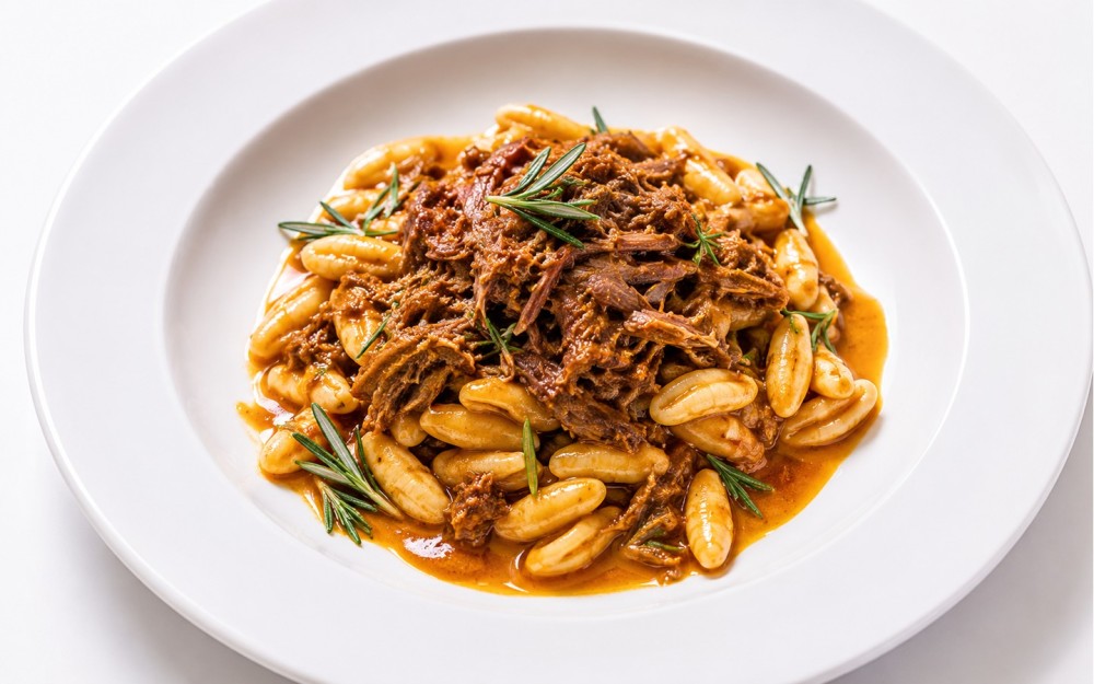 Slow-braised lamb shoulder, rosemary jus. Served over fresh house made cavatelli pasta.