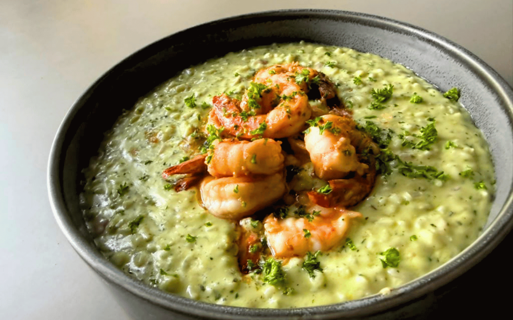 Sautéed shrimp, basil &amp; pine nut cream, parmesan