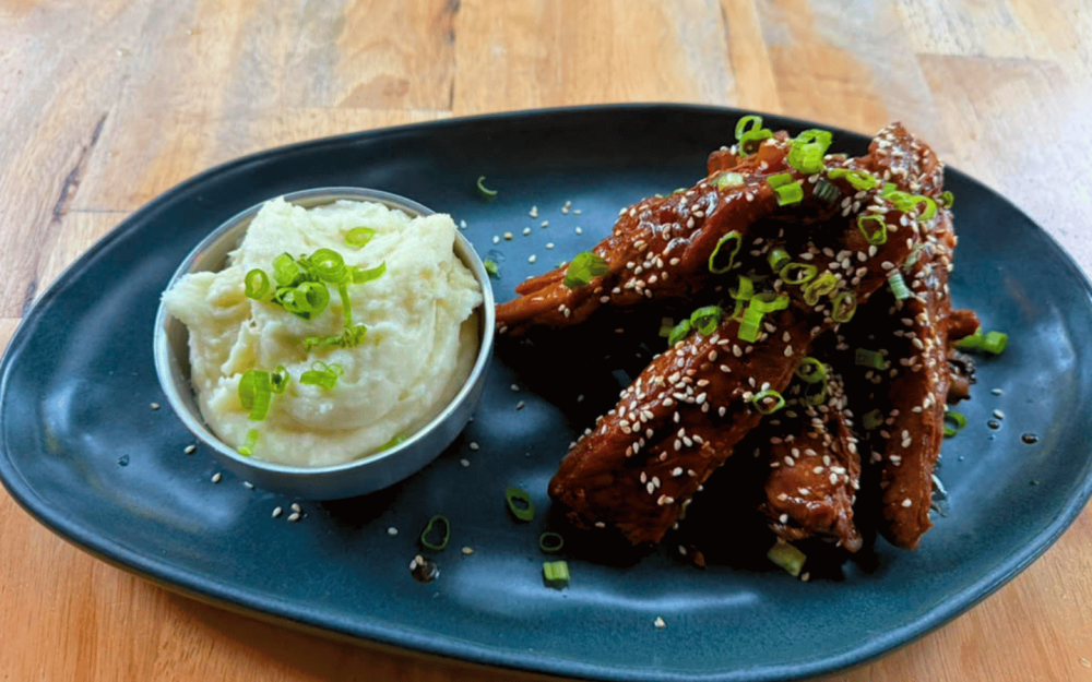 House-made sticky secret sauce, truffle potato purée