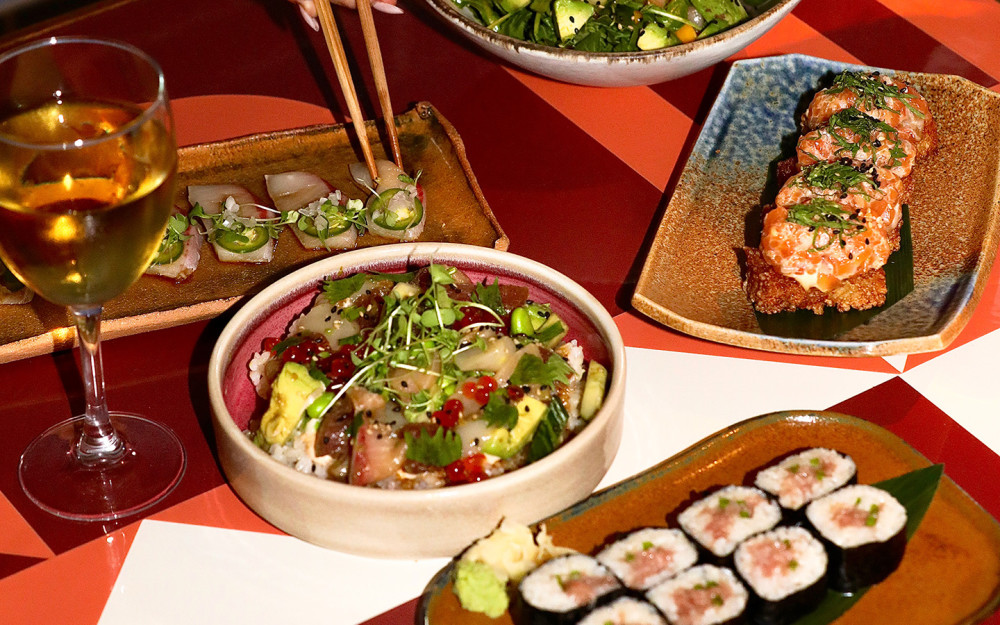 Spicy Tuna Poke Bowl, Crispy Rice, and Sashimi