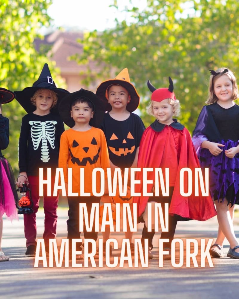 Group of kids in Halloween costumes walking down a street, with the text Halloween on Main in American Fork