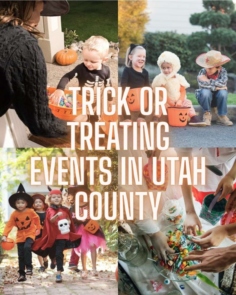 Collage of kids in Halloween costumes trick-or-treating with the text Trick or Treating Events in Utah County