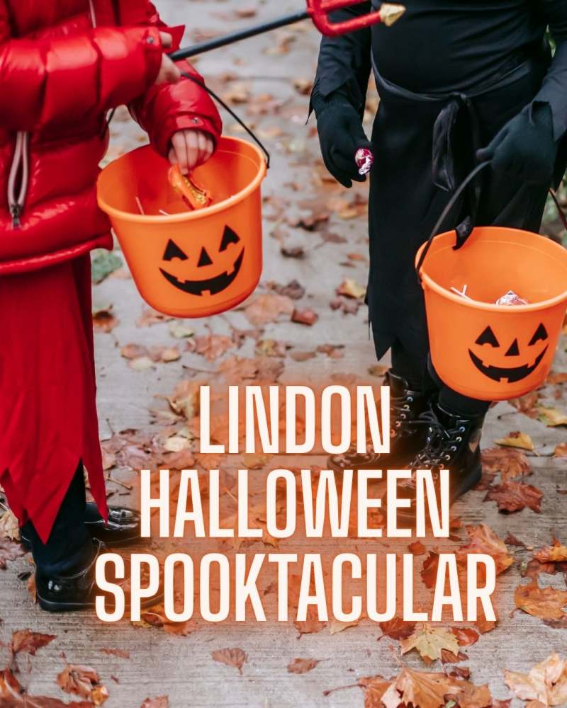 Two kids holding orange jack-o-lantern buckets full of candy, with the text Lindon Halloween Spooktacular
