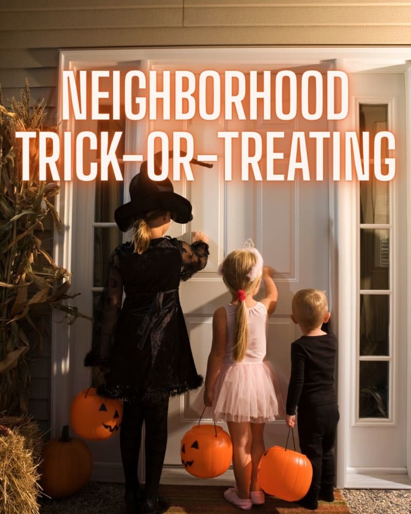 Three kids in costumes knocking on a front door with pumpkin buckets, with the text Neighborhood Trick-or-Treating