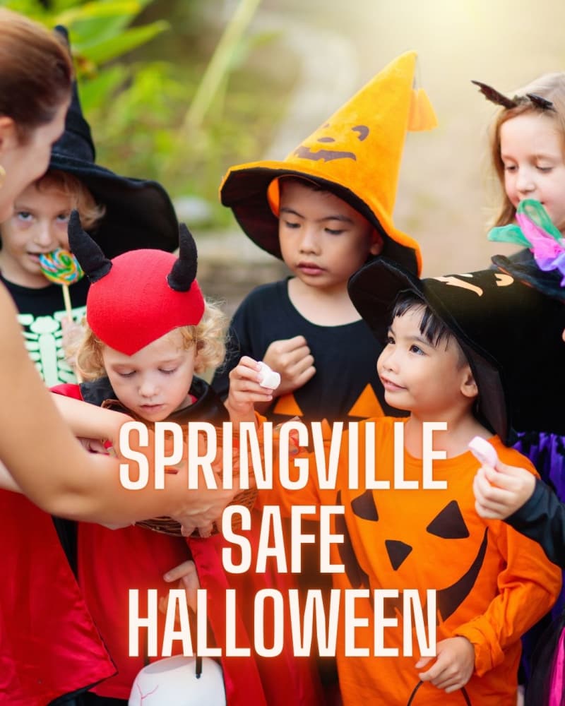 Group of kids in witch and devil costumes collecting candy, with the text Springville Safe Halloween