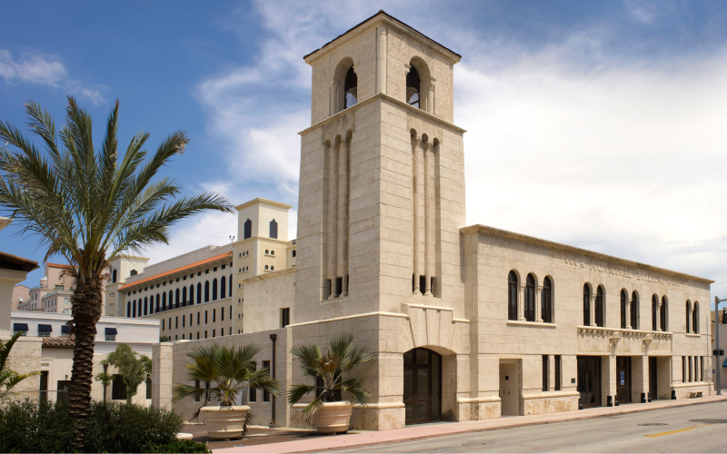 The historic Coral Gables Museum showcases distinctive Mediterranean-inspired architecture in the heart of Coral Gables.