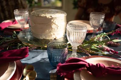 Colorful glass and cake