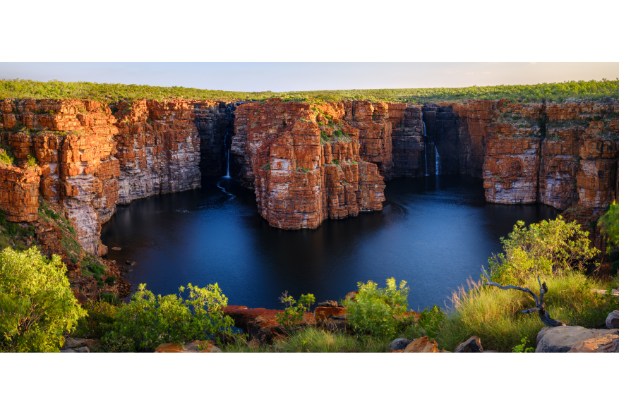 A view of the twin waterfalls at King George Falls on the Kimberley coast, taken from a viewing point on land directly opposite the falls