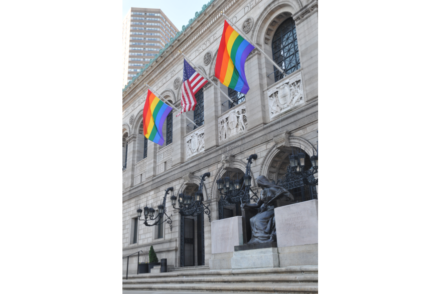 Boston Public Library with rainbow flags closeup