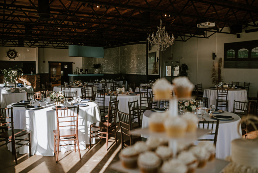 room with tables decorated for a wedding reception