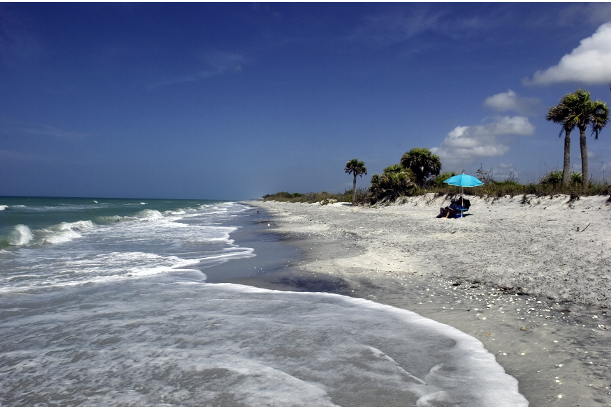 People under a blue umbrella on Don Pedro Island with waves lapping at the beach