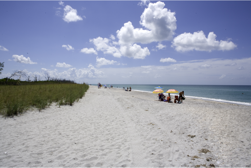 Small groups of people on the white sand of Stump Pass Beach State Park with blue skies and water