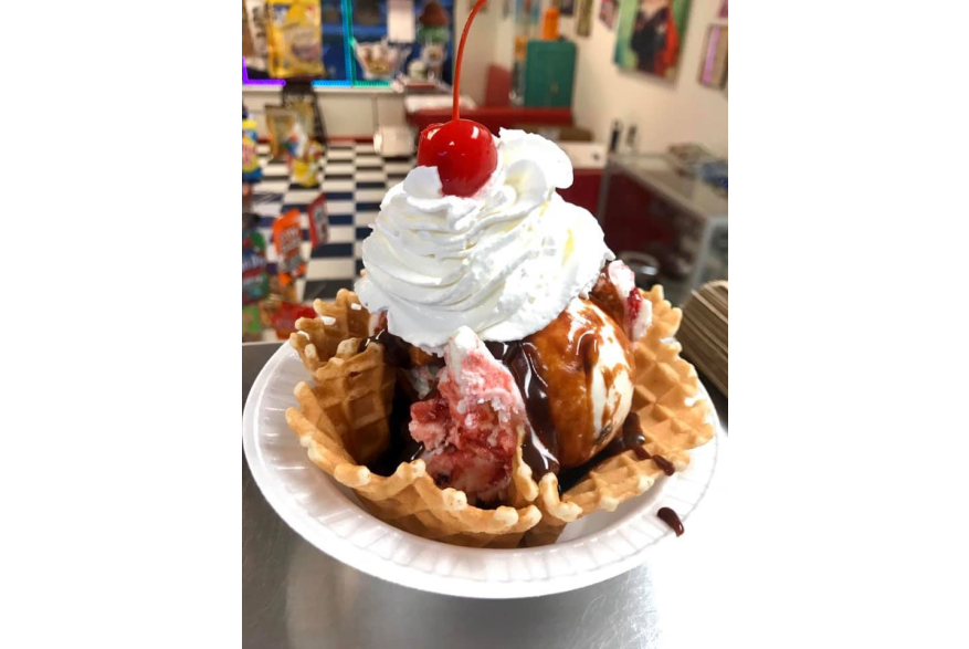 Waffle cone sundae at Made in the Shade Ice Cream in Englewood, Florida