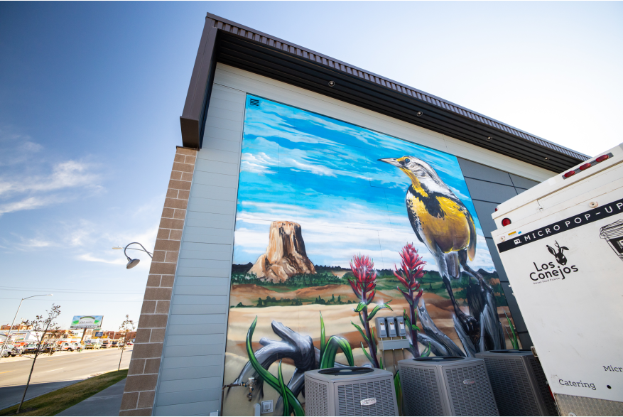a mural with devil's tower and a meadowlark on the side of a west edge building