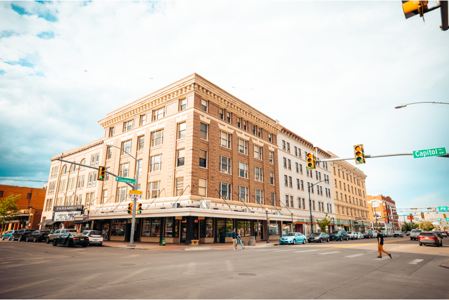 Taken from the southeast corner of Lincolnway and Capitol Avenue depicts the five story Hynds building in Downtown Cheyenne