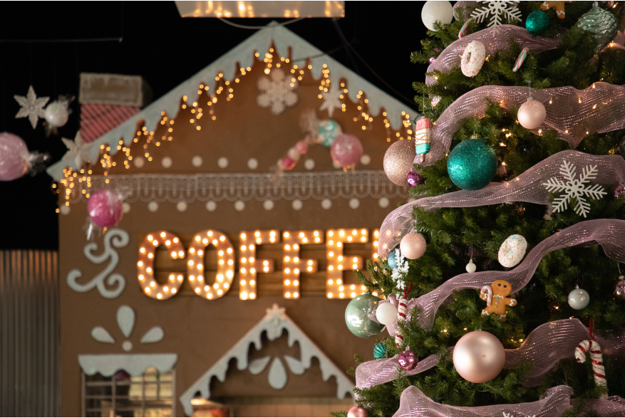 a coffee shop decorated for Christmas