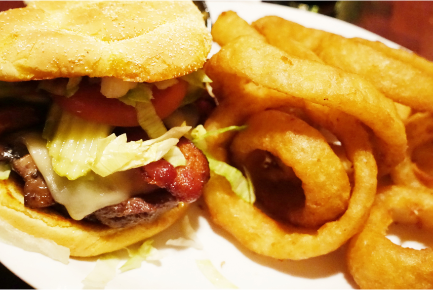 burger and onion rings at Johnny's Big Burger