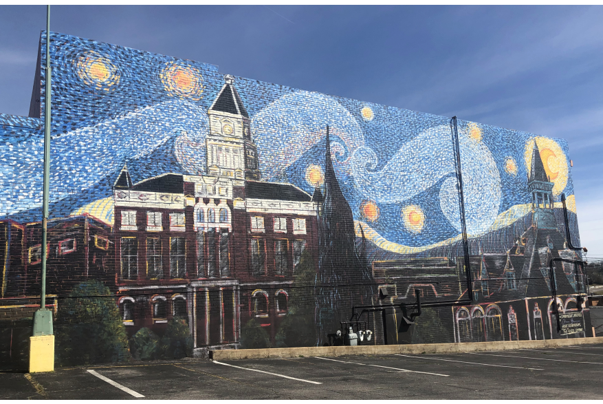 Clarksville mural in the style of Van Gogh's Starry Night