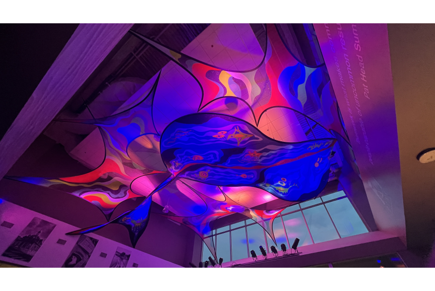 lighted multimedia art installation in a ceiling