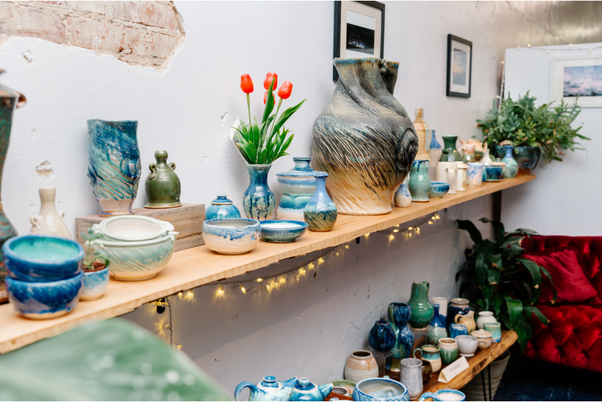 shelves of pottery