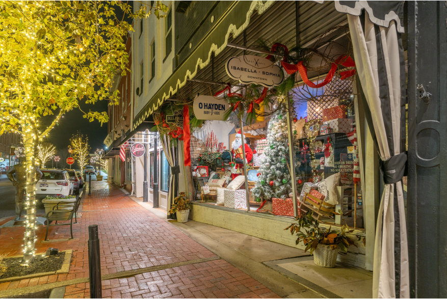 downtown shop storefront decorated for Christmas