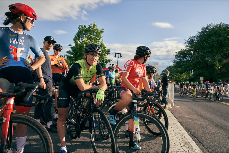 Riders wait for their start of the 2022 Easton Twilight Criterium in Easton, Pa.