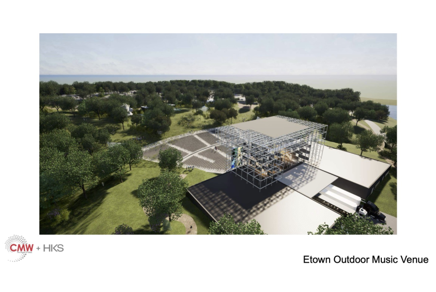Rendering of an aerial shot of the Outdoor Venue that also shows the back of the stage.