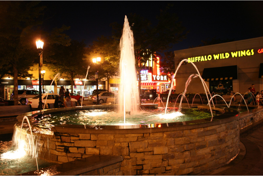 Elmhurst City Centre Fountain at Night