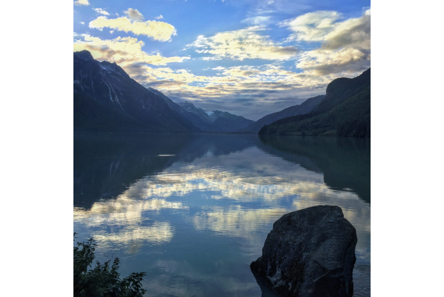 Mirror of the mountains reflected in Chilkoot Lake