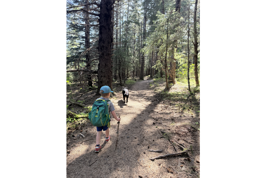 Young boy hiking with dog