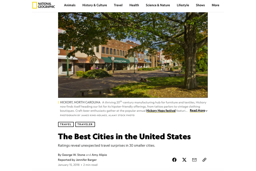 Hickory, one of this year's Best Small Cities in America, National Geographic, January 2018