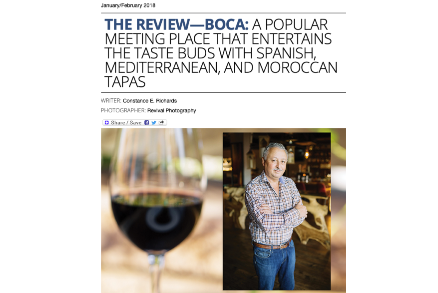 The Review—Boca: A popular meeting place that entertains the taste buds with Spanish, Mediterranean, and Moroccan tapas, WNC Magazine, January/February 2018