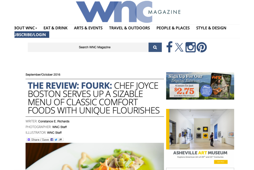 The Review: Fourk: Chef Joyce Boston, WNC Magazine, September/October 2016