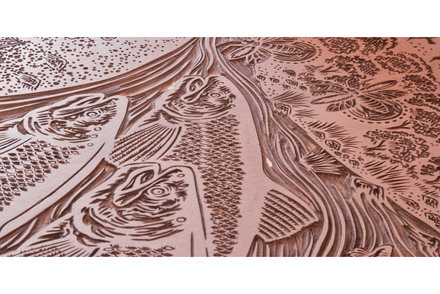 Evon Zerbetz linocut of salmon