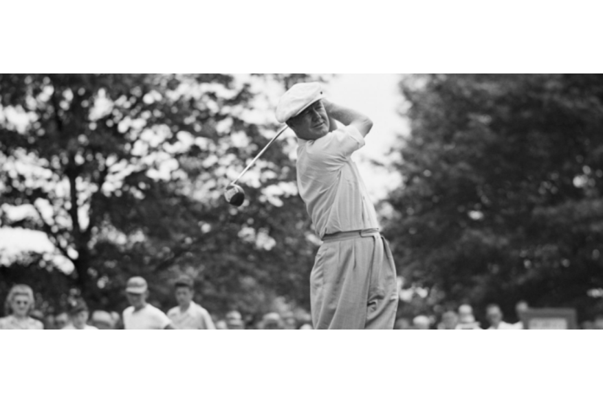Black and white image of golfer Byron Nelson swinging his club over his shoulder