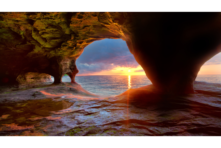 Inside a sea cave on Lake Superior in Pictured Rocks National Lakeshore, located in the Upper Peninsula of Michigan
