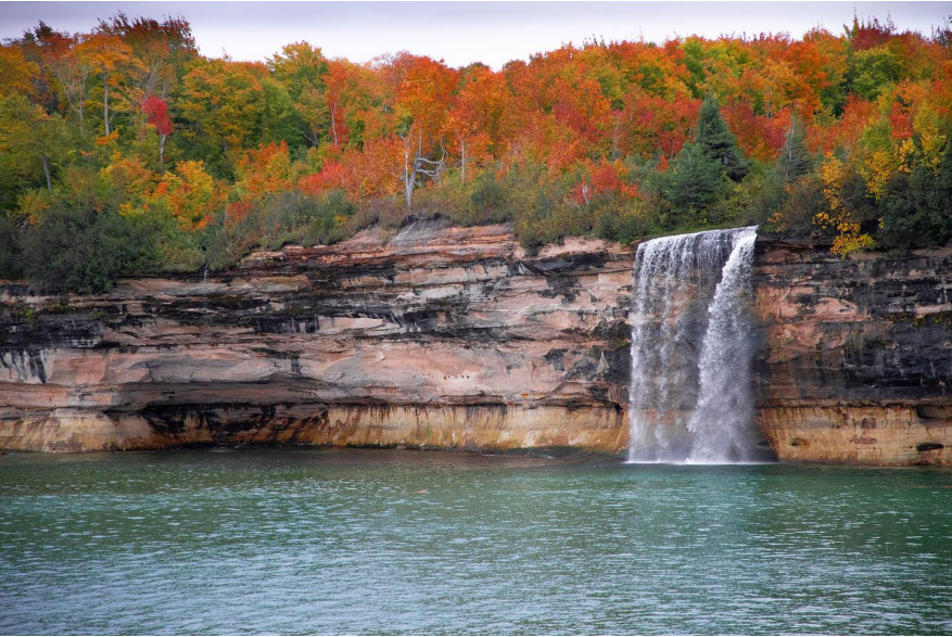 Image of Spray Falls in autumn, located at Pictured Rocks National Lakeshore in Michigan's Upper Peninsula, USA