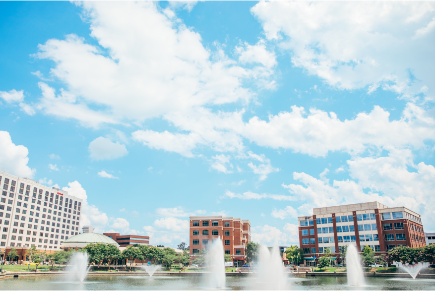 City Center skyline with fountains and clouds in the sky