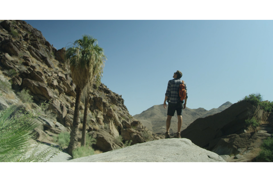Man standing on bouldin in Palm Canyon.
