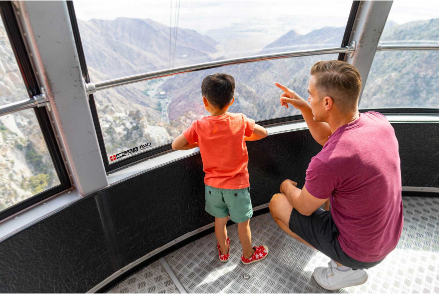 dad and son on tramway car