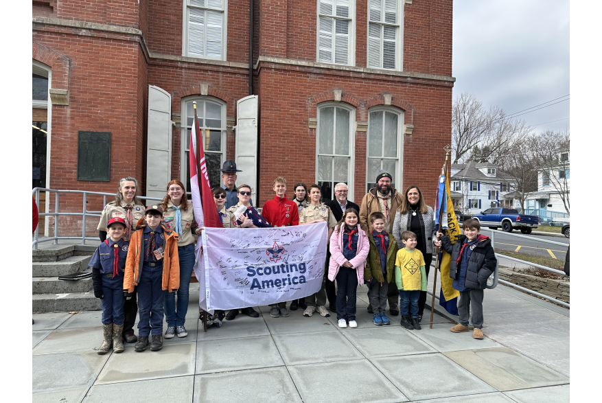 Local scouts and Pike County Sheriff’s Office posing at the Flags Across the Commonwealth event.