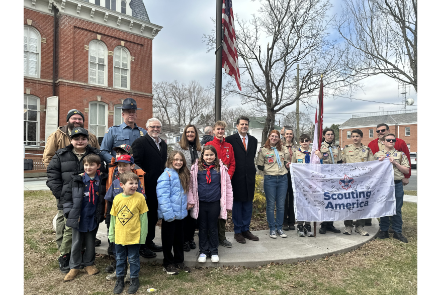 Local scouts and Pike County Sheriff’s Office posing at the Flags Across the Commonwealth event.