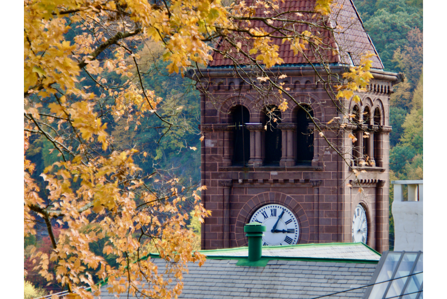View of the clock tower in downtown Jim Thorpe in fall